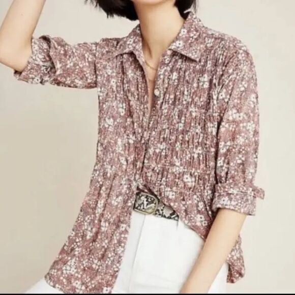 Anthropologie Pilcro Button Up blouse Small oversized smocked ditsy floral prep - Picture 1 of 8